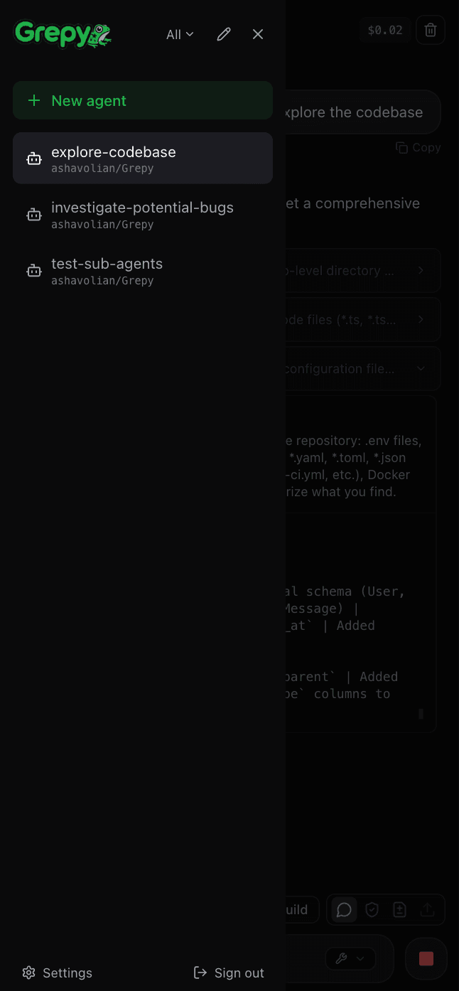 Grepy mobile — agent sidebar